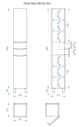 Пенал напольный Vela Бриз 30Н2 (двери и ящики) петли правые RS623468