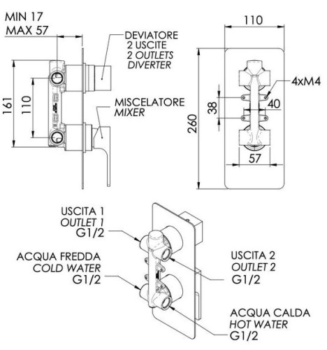 Смеситель для душа Remer Absolute AU92BG, золото брашированное