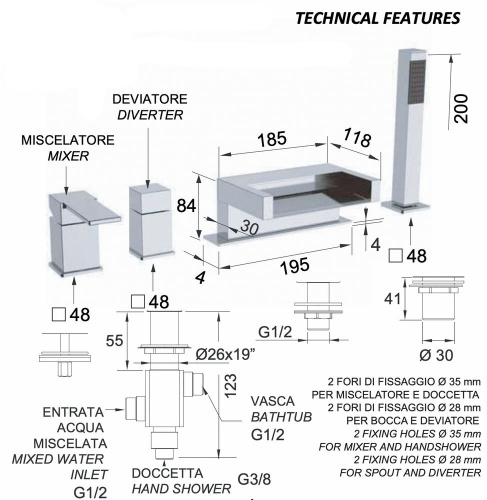 Смеситель для ванны Remer Qubika Cascata QC06NO, черный матовый