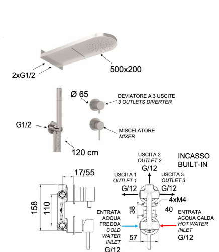 Душевая система Remer X Style INOX SSX93PS02MMCA, нержавеющая сталь