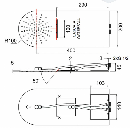 Верхний душ настенный 50x20 см Remer 350UFMCANOX, черный матовый