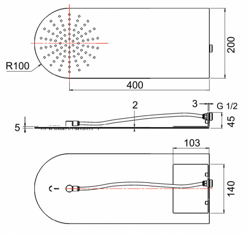Верхний душ настенный 50x20 см Remer 350UFMNOX, черный матовый