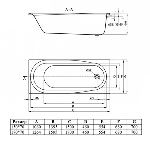 Ванна акриловая Vincea VBT-2B150